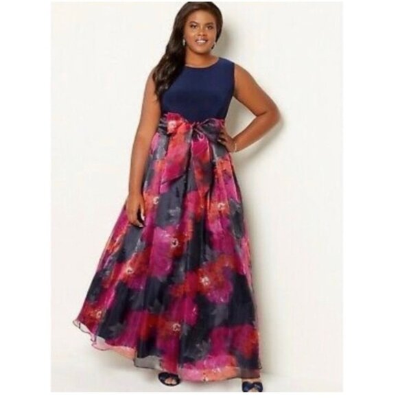 Eliza J Women's Jersey Black And Red Floral Ball Gown - 4 - Picture 1 of 13